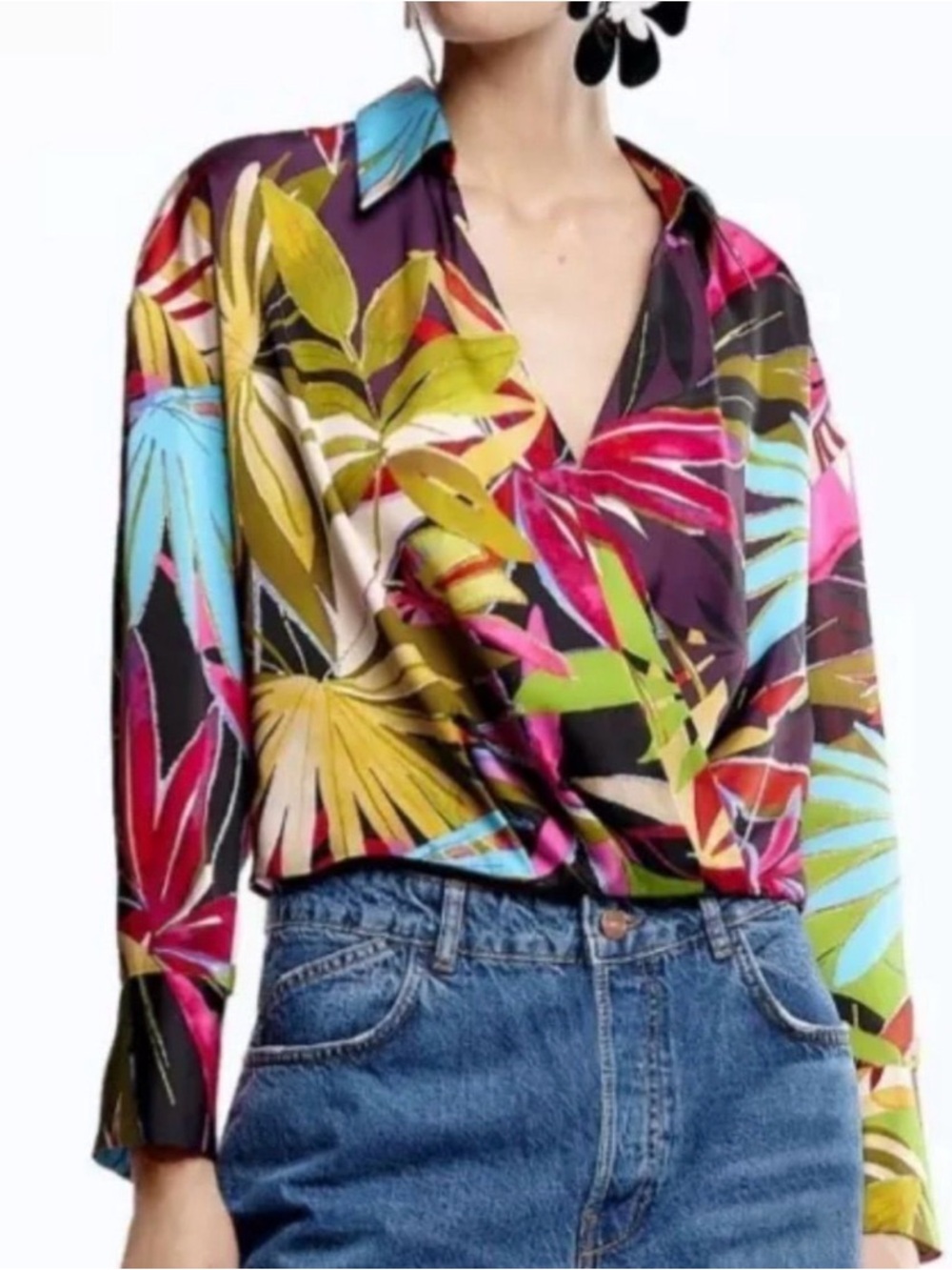 Zara Tropical Multicolor Twist-Front Blouse